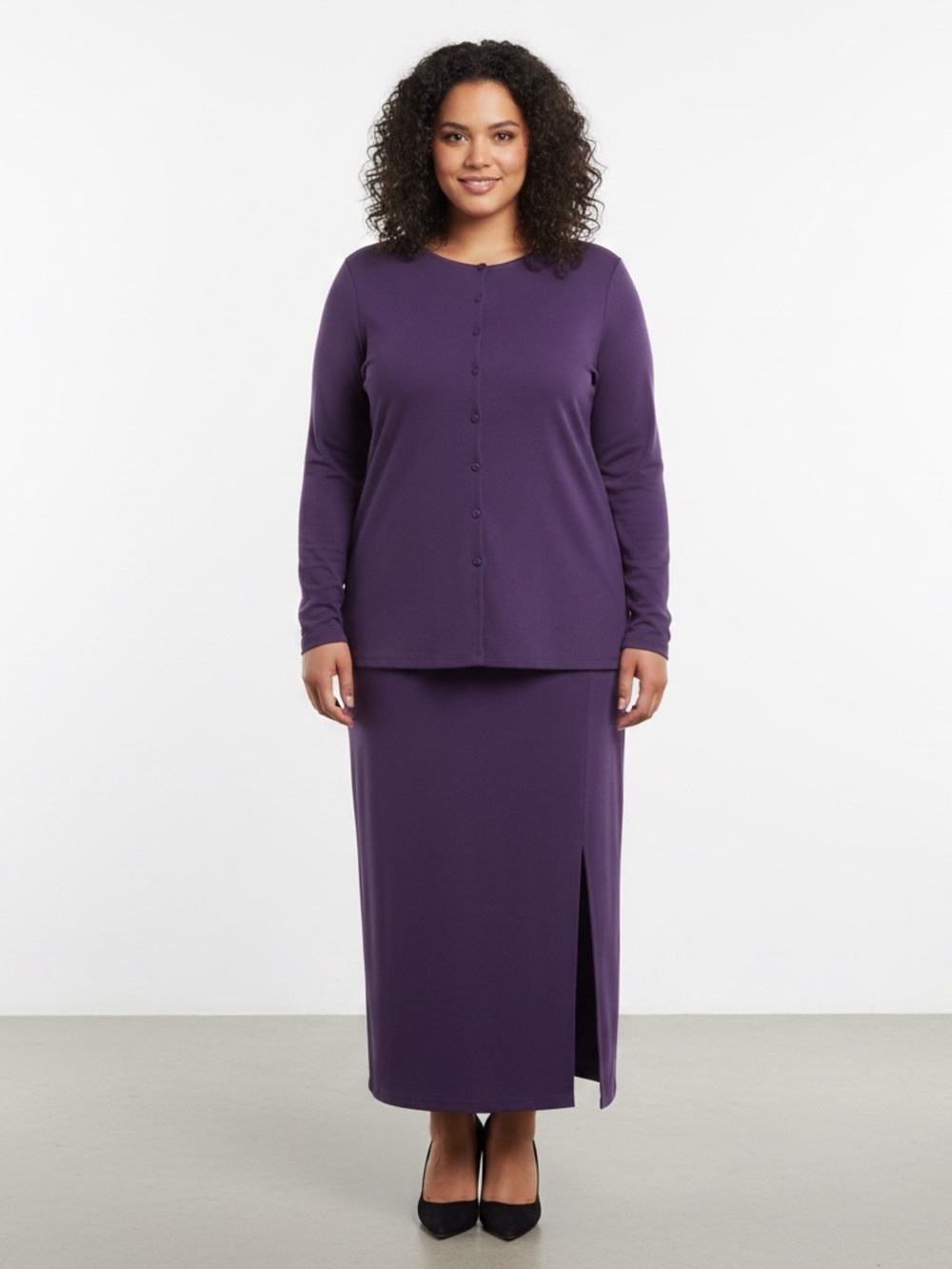Classic Plus-Size Purple Maxi Skirt with Side Slit Set